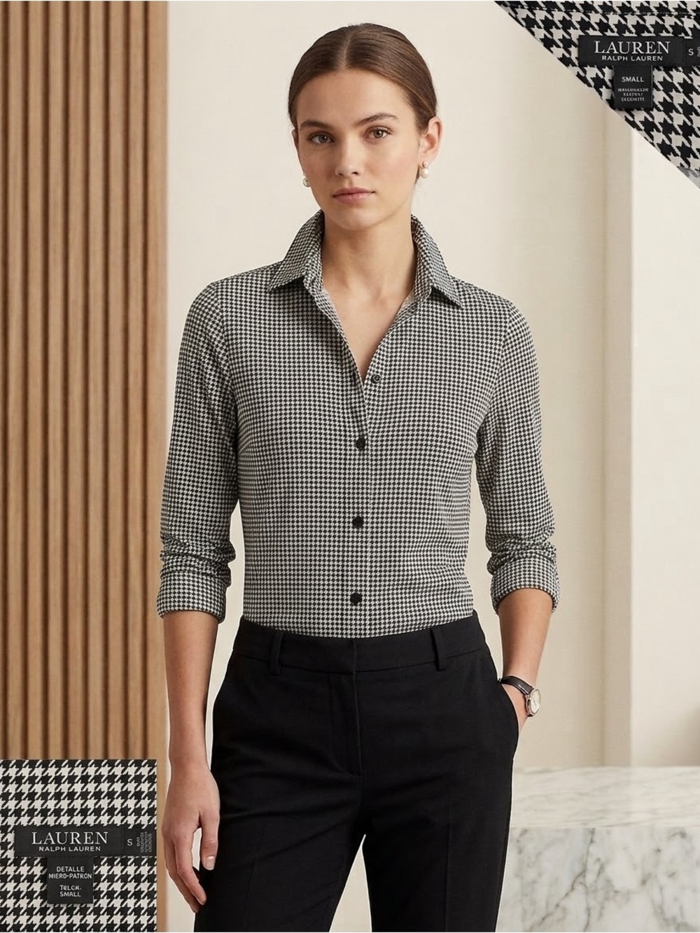 Lauren Ralph Lauren Black and White Houndstooth Button-Front Blouse